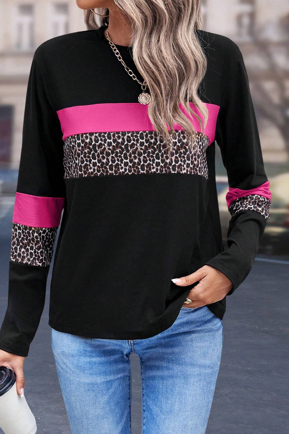 Rose Leopard Colorblock Patchwork Crew Neck Long Sleeve Tee Long Sleeve Tops JT's Designer Fashion