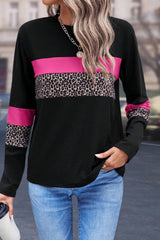 Rose Leopard Colorblock Patchwork Crew Neck Long Sleeve Tee Long Sleeve Tops JT's Designer Fashion