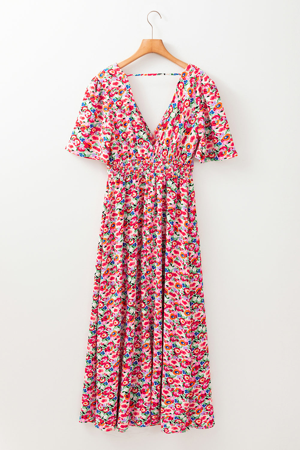 Red Floral Half Sleeve Deep V Neck Cutout Back Split Maxi Dress Floral Dresses JT's Designer Fashion