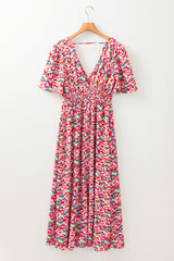Red Floral Half Sleeve Deep V Neck Cutout Back Split Maxi Dress Floral Dresses JT's Designer Fashion