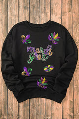 Black Sequin mardi gras Fleur de Lis Graphic Pullover Sweatshirt Graphic Sweatshirts JT's Designer Fashion