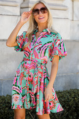 Green Abstract Print Lace-up High Waist Buttoned Mini Dress Mini Dresses JT's Designer Fashion