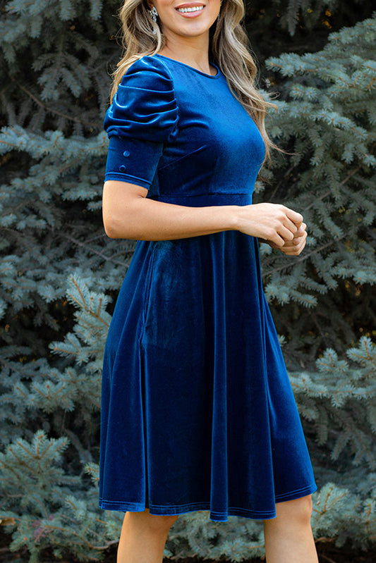 Sail Blue Velvet Ruched Short Sleeve Pocketed Mini Dress Mini Dresses JT's Designer Fashion