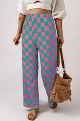 Green 2-Tone Checked Print High Waist Wide Leg Pants Pants & Culotte JT's Designer Fashion