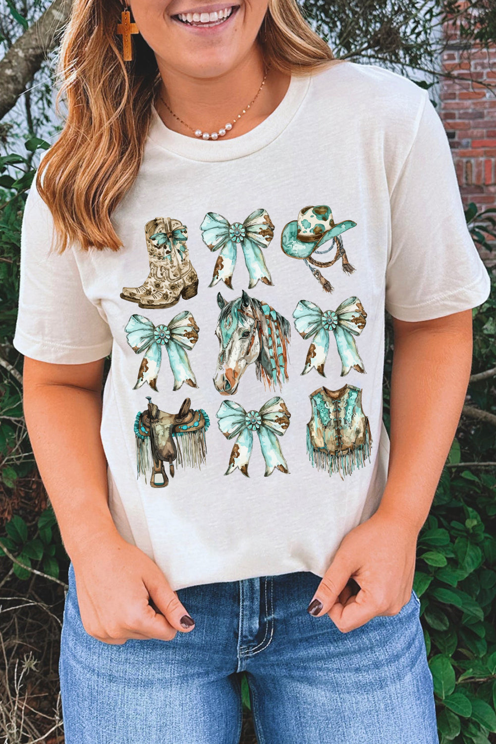 White Horse Bowknot Cowgirl Fashion Print Crewneck Tee Graphic Tees JT's Designer Fashion