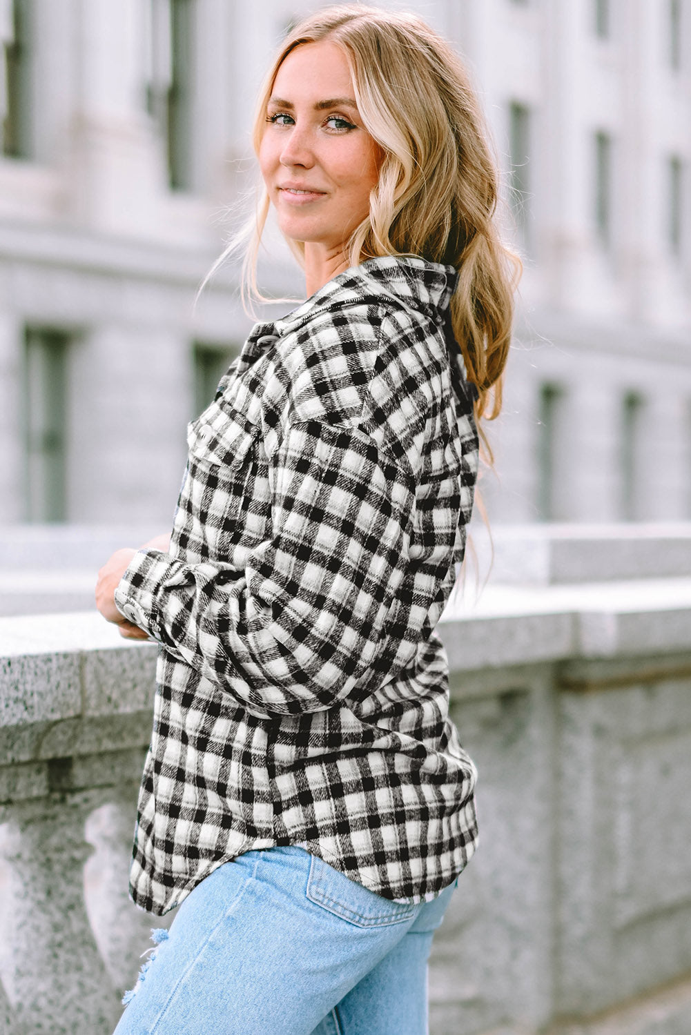 Black Plaid Print Chest Pockets Buttoned Tunic Shacket Plaid Shackets JT's Designer Fashion