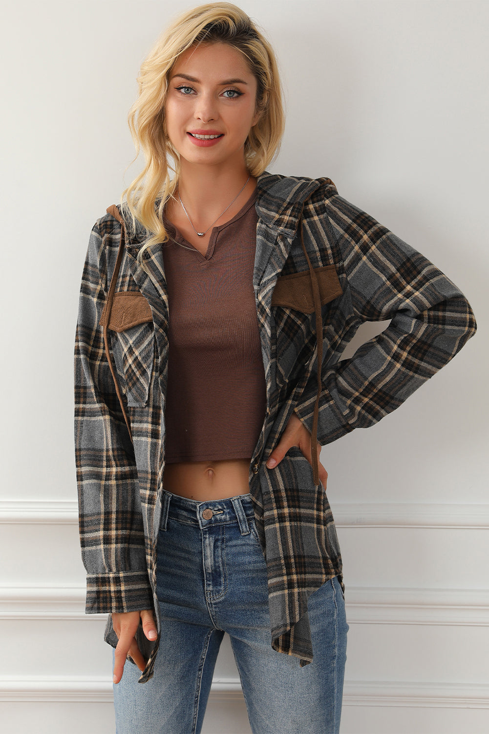Contrast Hooded Drawstring Plaid Shacket Plaid Shackets JT's Designer Fashion