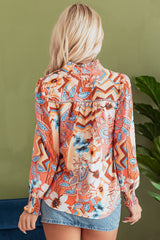 Orange Floral Print Shirred Cuff Buttoned Loose Shirt Blouses & Shirts JT's Designer Fashion
