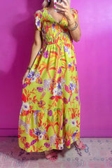 Yellow Cheetah Plant Print Shirred Button V Neck Long Dress Maxi Dresses JT's Designer Fashion