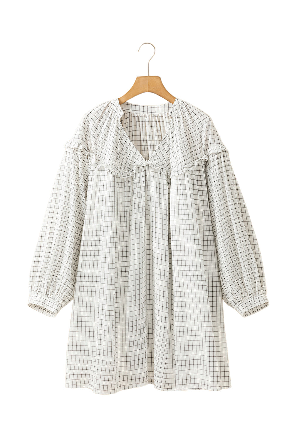 White Stripe Checkered Frilled V Neck Bracelet Sleeve Babydoll Dress Mini Dresses JT's Designer Fashion