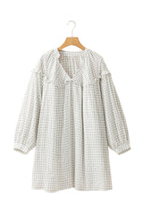 White Stripe Checkered Frilled V Neck Bracelet Sleeve Babydoll Dress Mini Dresses JT's Designer Fashion