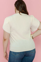 Beige Contrast Embroidered V Neck Wrap Sleeve Textured Plus Blouse Plus Size JT's Designer Fashion