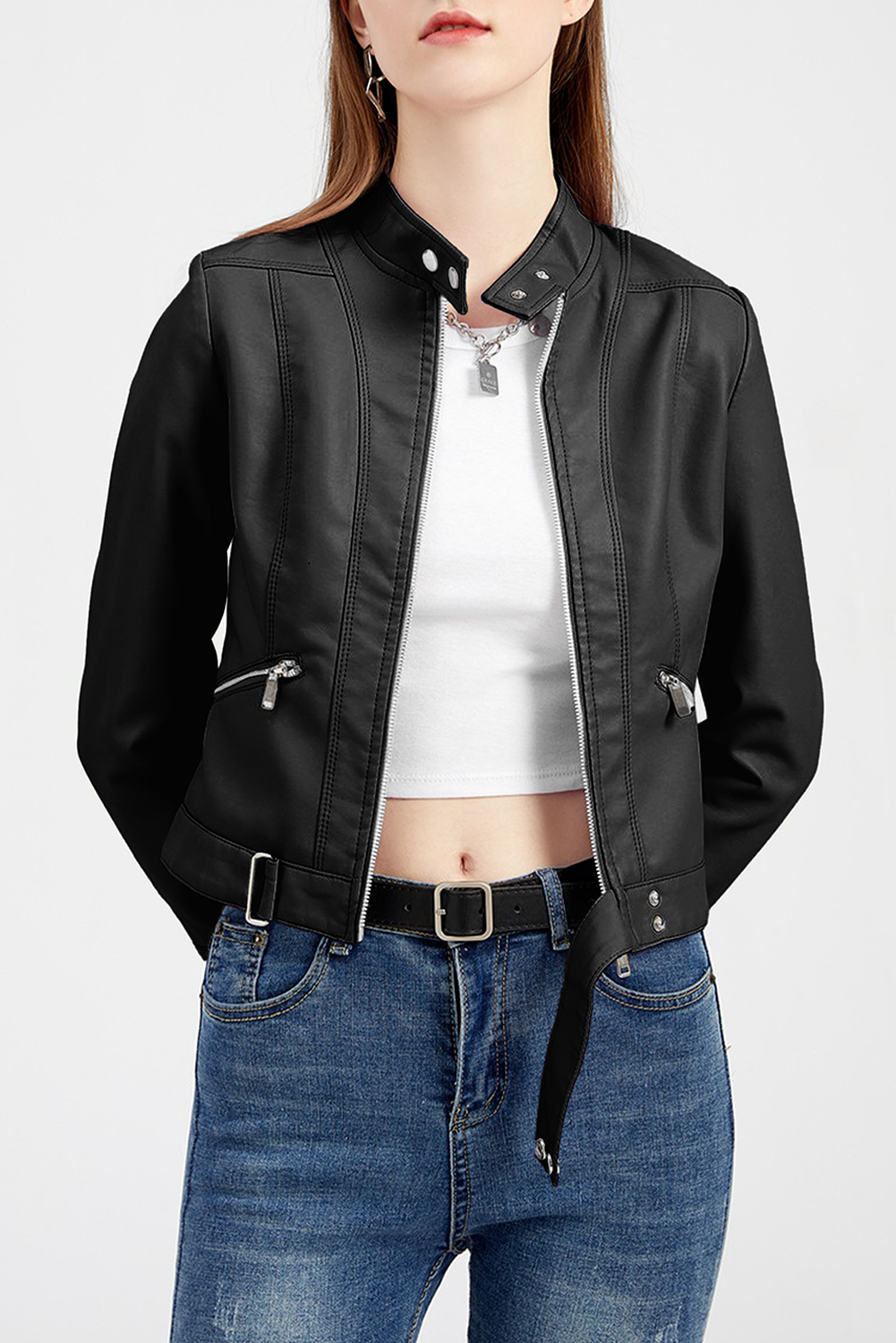 Black Faux Leather Snap Button Stand Neck Zipped Pocket Jacket Black 100%PU Jackets JT's Designer Fashion