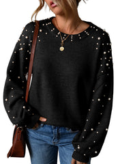 Black Pearled Drop Shoulder Round Neck Sweater Sweaters JT's Designer Fashion