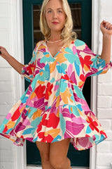 Rose Red Floral Bubble Sleeve V Neck Tiered Ruffle Babydoll Dress Floral Dresses JT's Designer Fashion