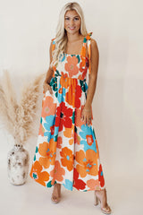 Orange Floral Self Tied Straps Smocked Bust Maxi Dress Floral Dresses JT's Designer Fashion