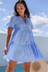 Sky Blue Gingham Short Sleeve Button Tie Split Neck Loose Mini Dress Mini Dresses JT's Designer Fashion
