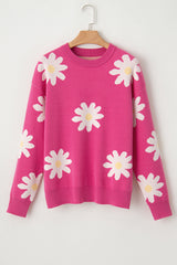 Bright Pink Daisy Flower Crew Neck Long Sleeve Sweater Sweaters JT's Designer Fashion