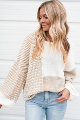 Oatmeal Mixed Pattern Knit Tie Keyhole Drop Shoulder Sweater Sweaters JT's Designer Fashion