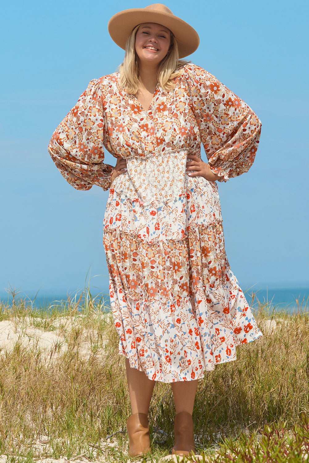 Khaki Plus Size Floral Tiered Ruffle Maxi Dress Plus Size Maxi Dresses JT's Designer Fashion