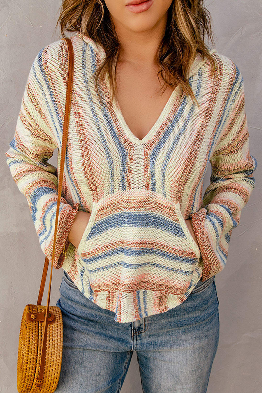 Multicolor Striped Knit Kangaroo Pocket Hooded Sweater Sweaters & Cardigans JT's Designer Fashion