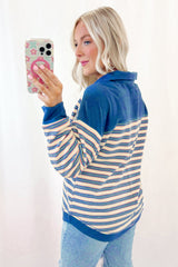 Blue Stripe Buttoned V Neck Collared Drop Shoulder Top Long Sleeve Tops JT's Designer Fashion