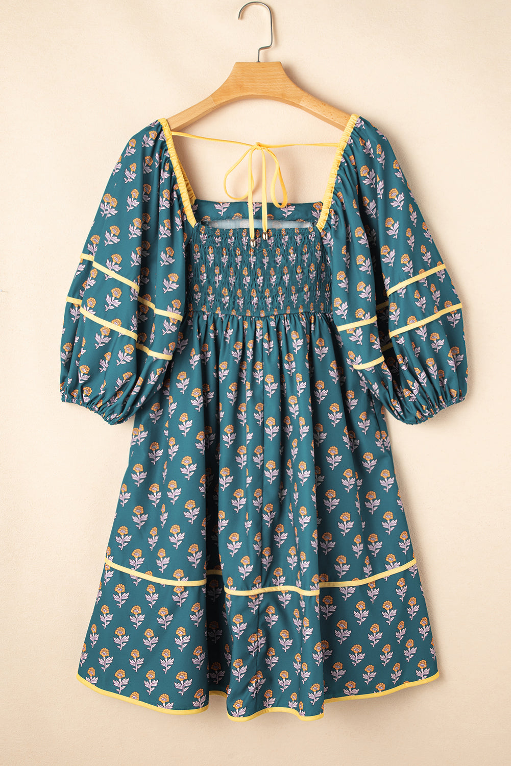 Skobeloff Floral Contrast Trim Square Neck Puff Sleeve Dress Floral Dresses JT's Designer Fashion