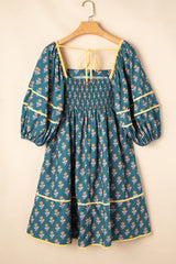 Skobeloff Floral Contrast Trim Square Neck Puff Sleeve Dress Floral Dresses JT's Designer Fashion