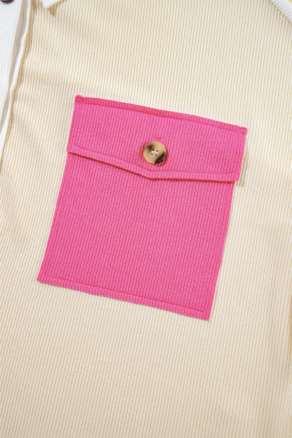 Rose Red Colorblock Ribbed Collared Oversized Sweatshirt Sweatshirts & Hoodies JT's Designer Fashion