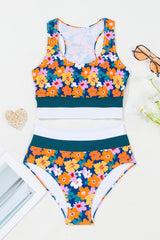 Green Floral Print Racerback Cutout High Waist 2pcs Bikini Bikinis JT's Designer Fashion