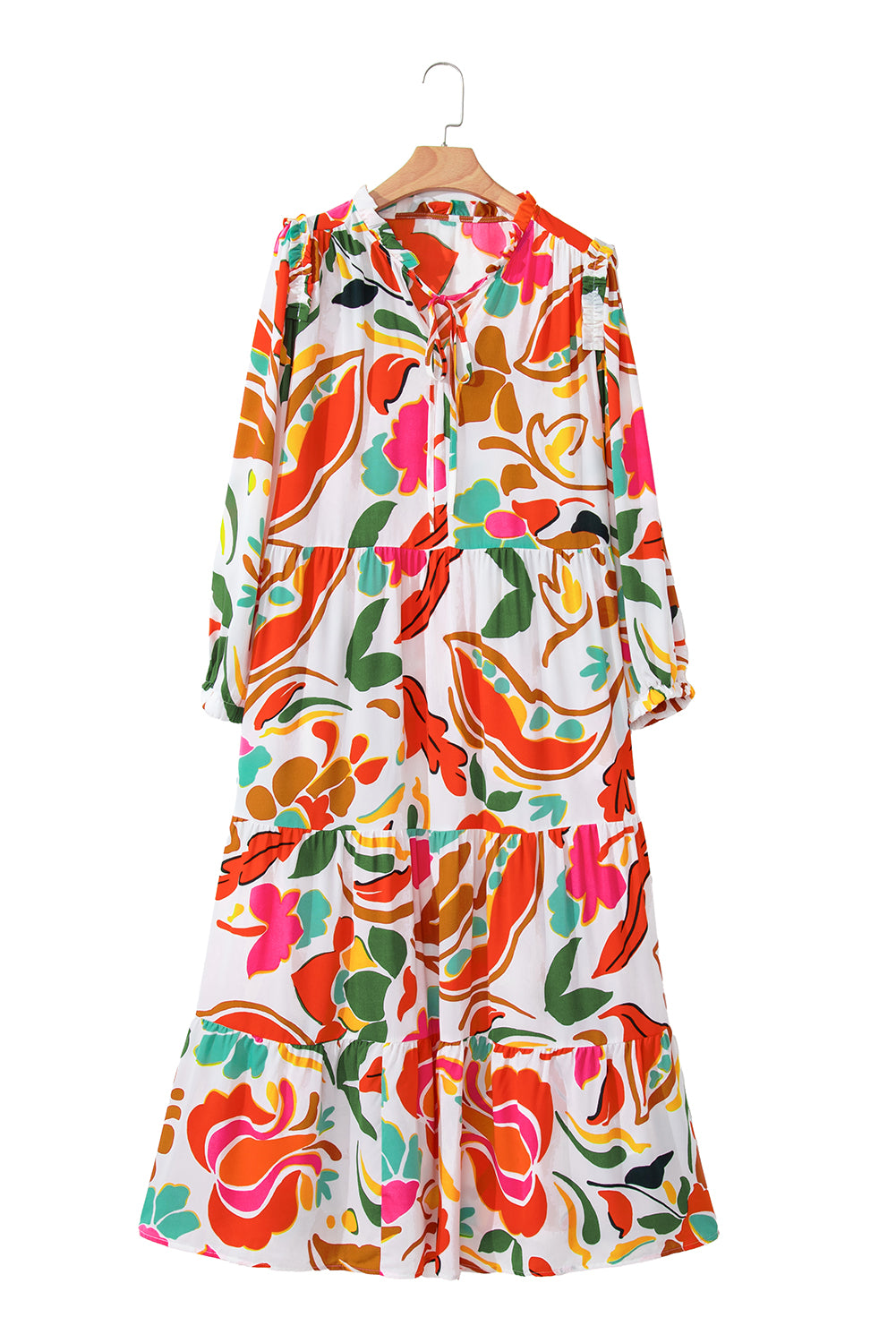 Orange Floral Print Drawstring V Neck Tiered Plus Size Dress Plus Size Maxi Dresses JT's Designer Fashion