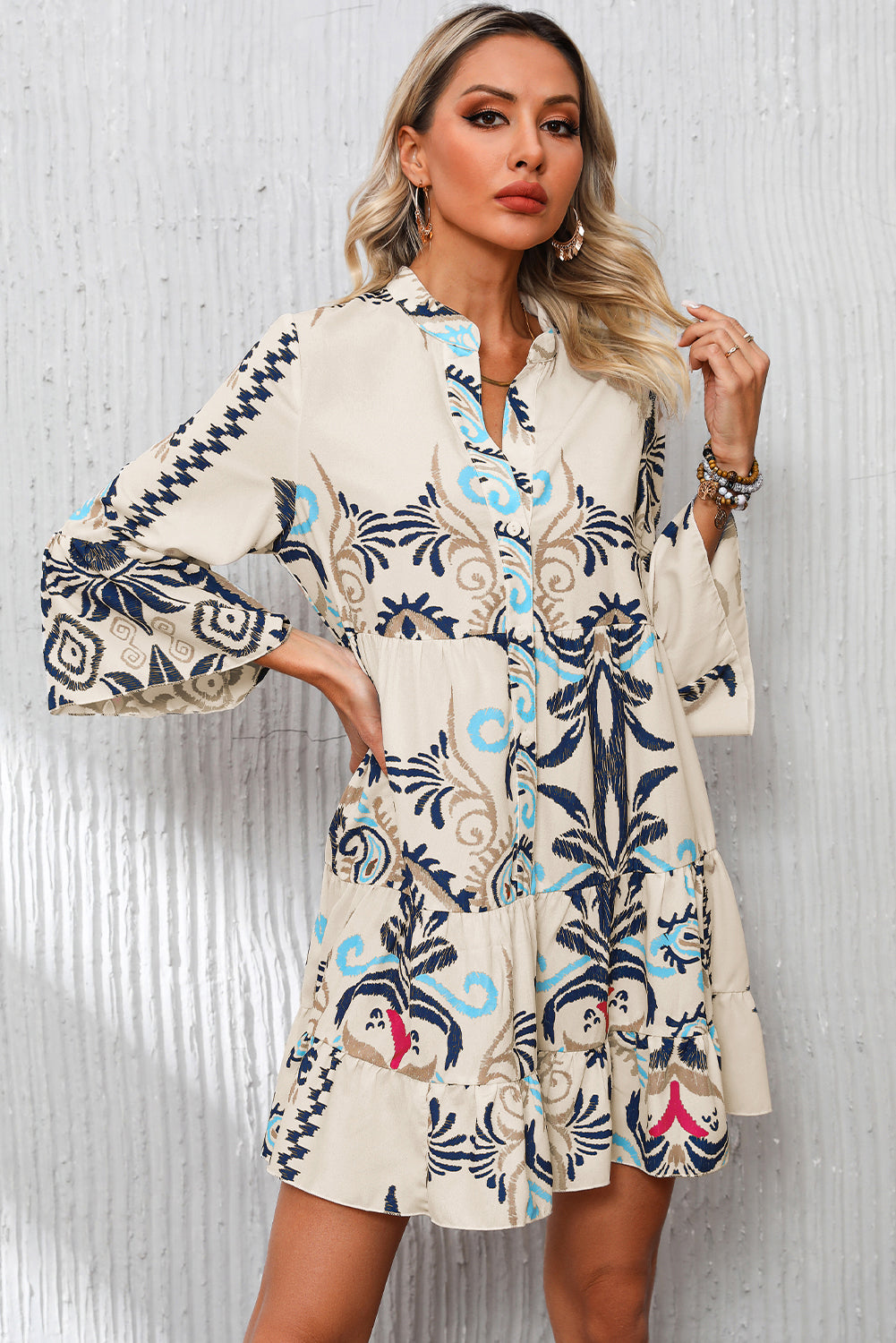 White Printed Tribal Bracelet Sleeve Buttoned Mini Dress Mini Dresses JT's Designer Fashion