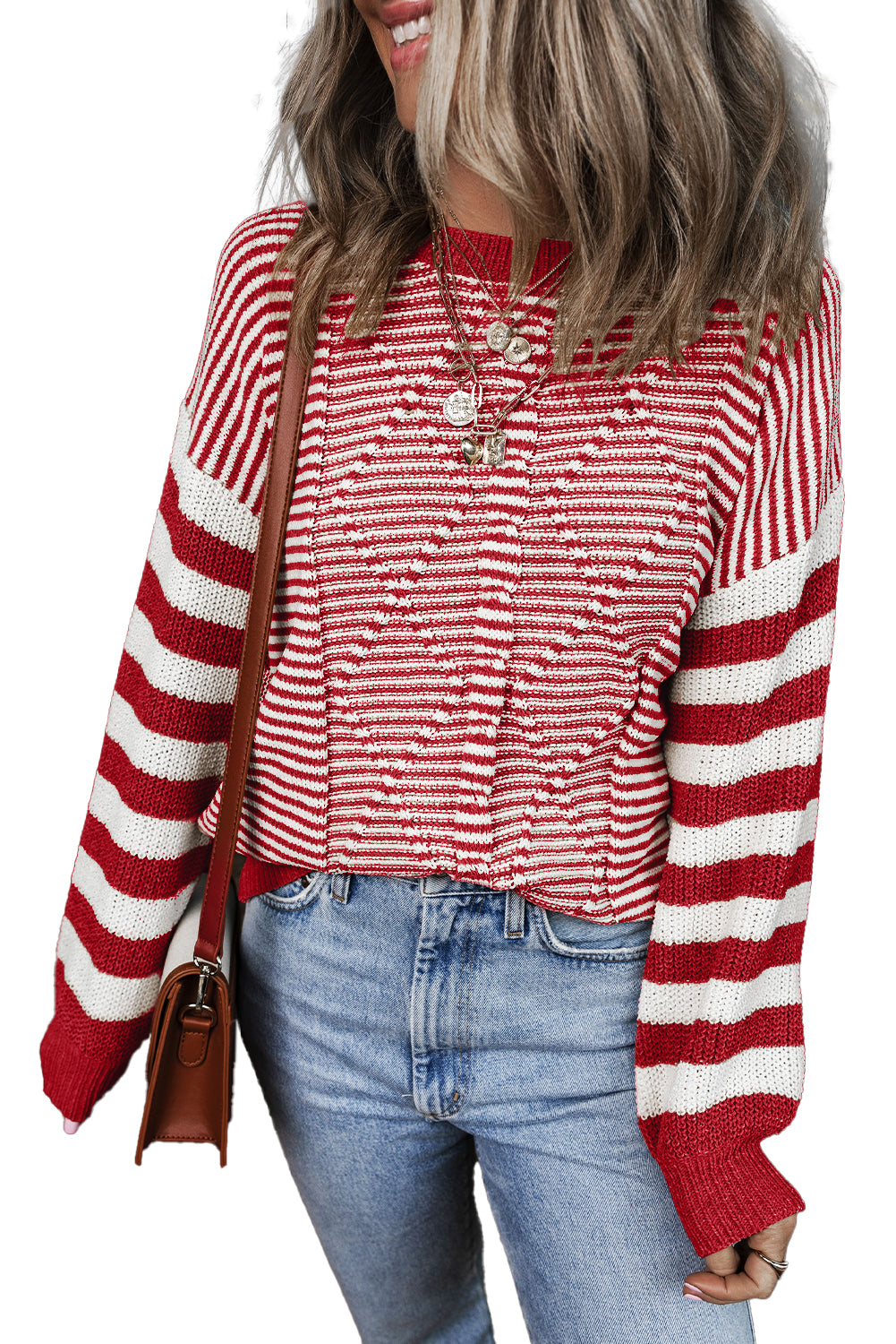 Red Stripe Geometric Textured Drop Shoulder Sweater Sweaters JT's Designer Fashion