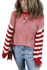 Red Stripe Geometric Textured Drop Shoulder Sweater Sweaters JT's Designer Fashion