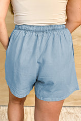 Beau Blue Washed Chambray Drawstring Elastic Waist Plus Size Shorts Plus Size Bottoms JT's Designer Fashion