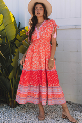 Red Floral Print Tasseled Tied Sleeve Empire Waist Maxi Dress Red 100%Polyester Floral Dresses JT's Designer Fashion