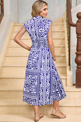 Dirty blue Shirred Waist V Neck Sleeveless Floral Print Long Dress Dresses JT's Designer Fashion