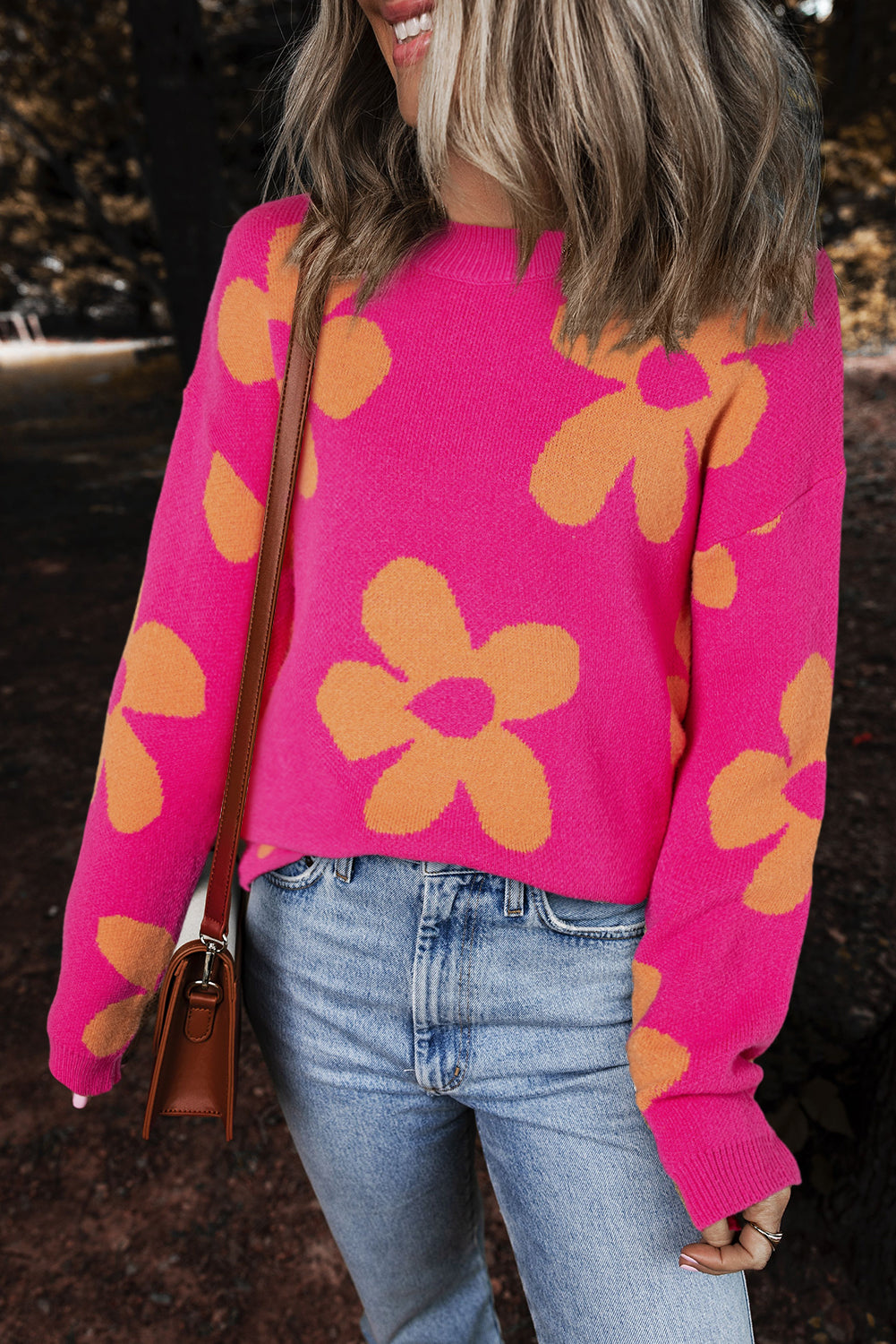 Rose Big Flower Pattern Mock Neck Long Sleeve Sweater Rose 50%Viscose+28%Polyester+22%Polyamide Sweaters JT's Designer Fashion