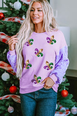 Orchid Petal Sequin Patchwork Long Sleeve Fleur de Lis Patched Pattern Top Orchid Petal 65%Polyester+35%Cotton Graphic Sweatshirts JT's Designer Fashion