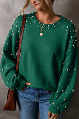 Evergreen Pearled Drop Shoulder Round Neck Sweater Evergreen 50%Viscose+28%Polyester+22%Polyamide Sweaters JT's Designer Fashion