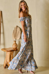 Blue Boho Paisley Print Off Shoulder Maxi Dress Floral Dresses JT's Designer Fashion