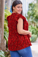 Fiery Red Rose Floral Print Ruffle Sleeve Plus Size Shift Top Plus Size Blouses & Shirts JT's Designer Fashion