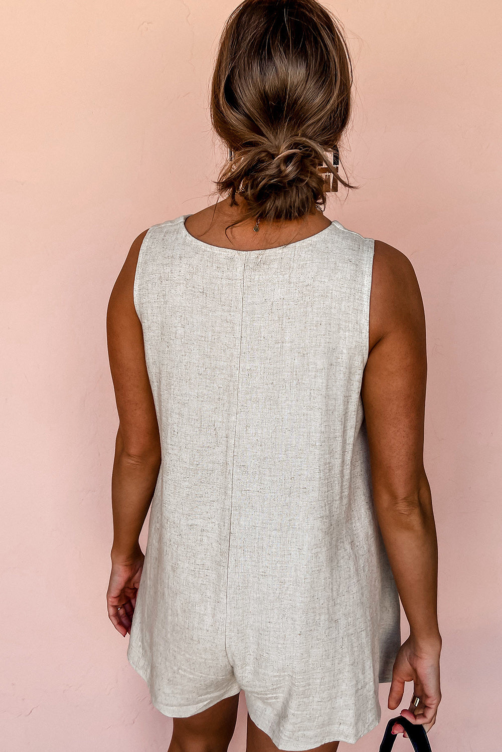Beige Sleeveless V Neck Buttoned Front Chest Pocket Romper Bottoms JT's Designer Fashion