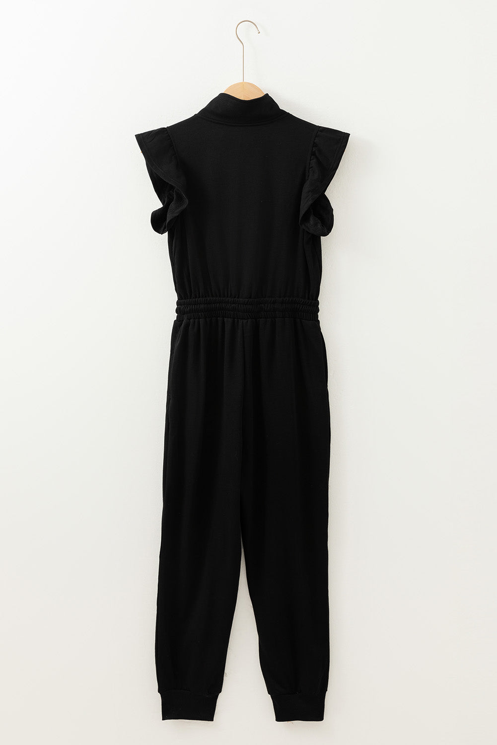 Black Zipper Flutter Sleeve Drawstring High Waist Jumpsuit Jumpsuits & Rompers JT's Designer Fashion