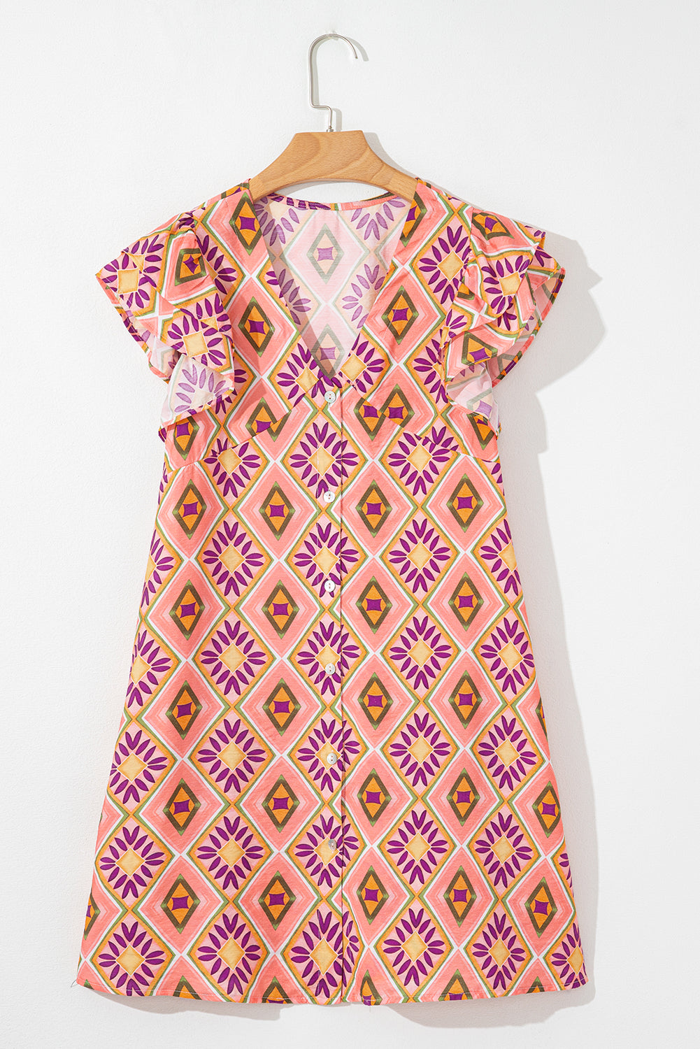Orange Geometric Floral V Neck Buttoned Ruffled Sleeve Mini Dress Mini Dresses JT's Designer Fashion