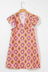 Orange Geometric Floral V Neck Buttoned Ruffled Sleeve Mini Dress Mini Dresses JT's Designer Fashion