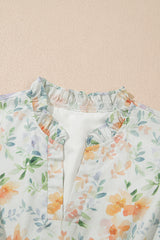 Beige Floral Print Shirred High Waist Puff Sleeve Mini Dress Floral Dresses JT's Designer Fashion