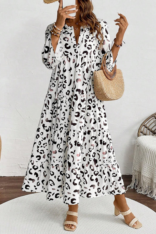 White Leopard Print Notch V Neck Loose Fit Long Dress White 100%Polyester Maxi Dresses JT's Designer Fashion