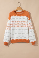 Khaki Zigzag Geometric Pattern Knitted Pullover Sweater Sweaters JT's Designer Fashion