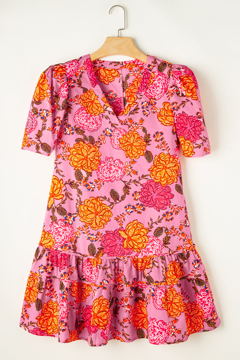 Pink Floral Bubble Sleeve V Neck Ruffled Mini Dress Floral Dresses JT's Designer Fashion